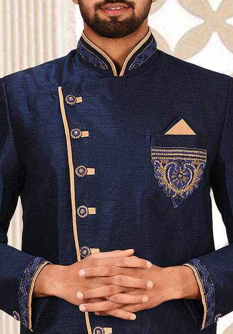 Navy Blue Embroidered Dupion Art Silk Indo Western Sherwani Set For Men