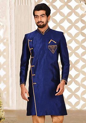 Royal Blue Embroidered Dupion Art Silk Indo Western Sherwani For Men