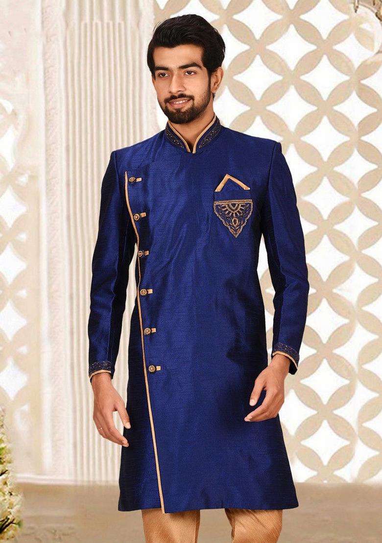 Royal Blue Embroidered Dupion Art Silk Indo Western Sherwani For Men