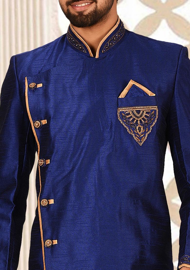 Royal Blue Embroidered Dupion Art Silk Indo Western Sherwani For Men