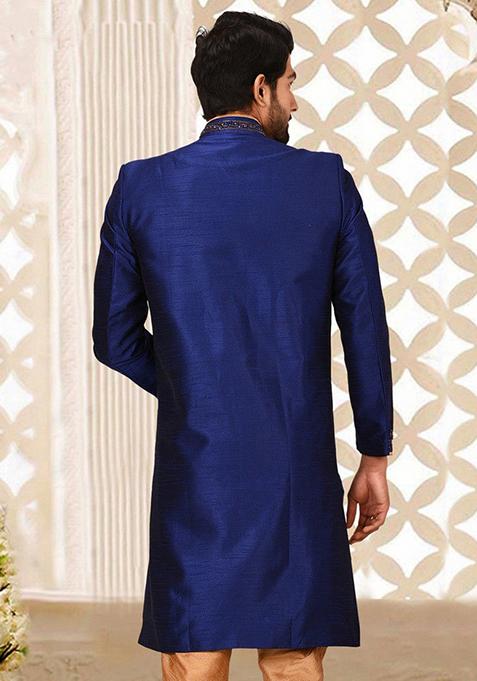 Royal Blue Embroidered Dupion Art Silk Indo Western Sherwani For Men