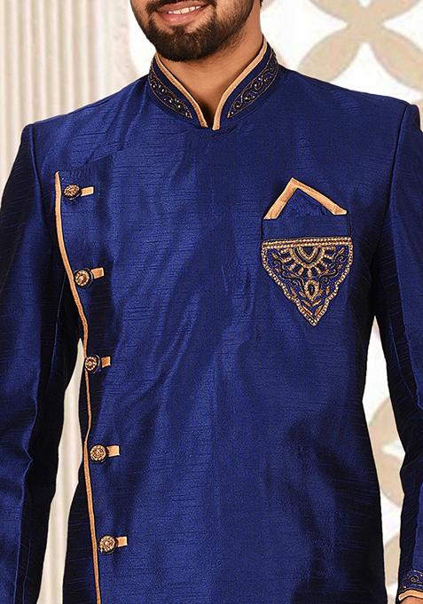 Royal Blue Embroidered Dupion Art Silk Indo Western Sherwani For Men