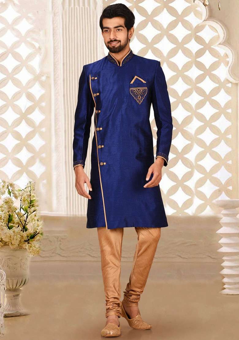 Royal Blue Embroidered Dupion Art Silk Indo Western Sherwani Set For Men - Indya