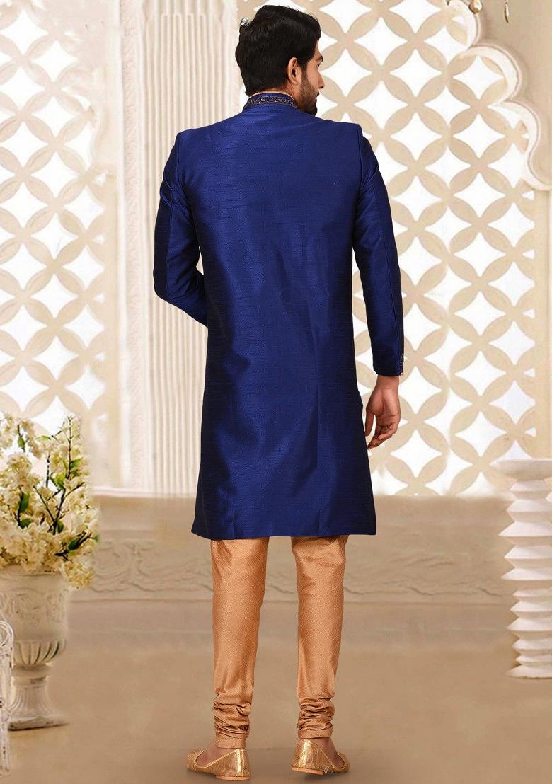 Royal Blue Embroidered Dupion Art Silk Indo Western Sherwani Set For Men