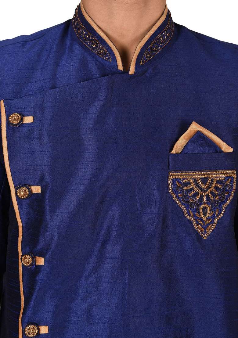 Royal Blue Embroidered Dupion Art Silk Indo Western Sherwani Set For Men - Indya