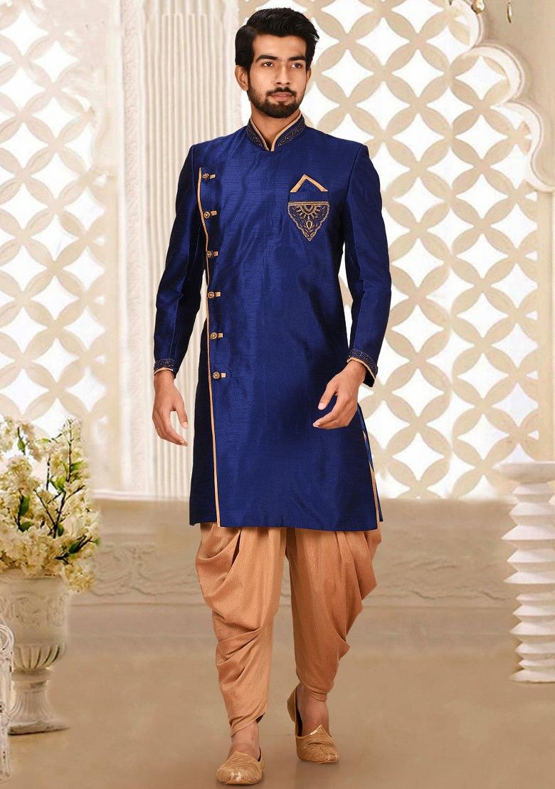 Royal Blue Embroidered Dupion Art Silk Indo Western Sherwani Set For Men