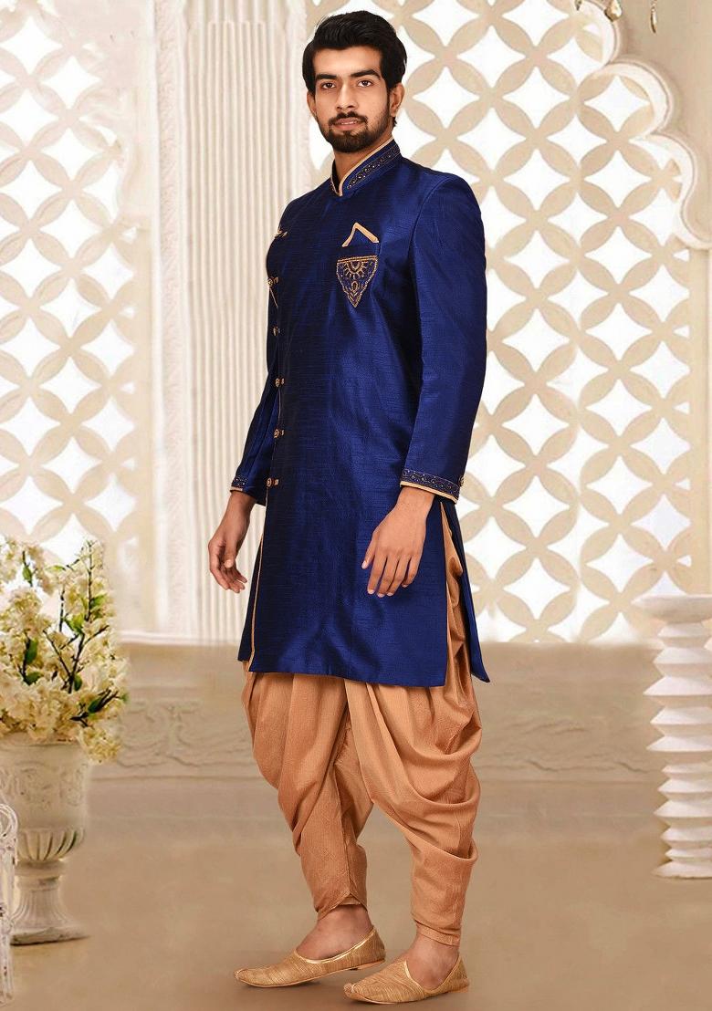 Royal Blue Embroidered Dupion Art Silk Indo Western Sherwani Set For Men