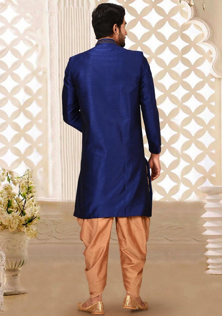 Royal Blue Embroidered Dupion Art Silk Indo Western Sherwani Set For Men