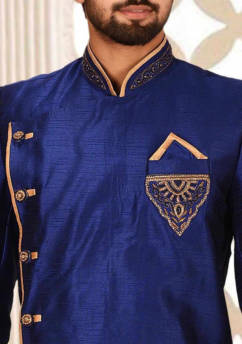 Royal Blue Embroidered Dupion Art Silk Indo Western Sherwani Set For Men