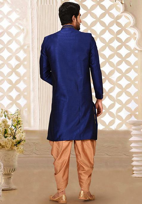 Royal Blue Embroidered Dupion Art Silk Indo Western Sherwani Set For Men