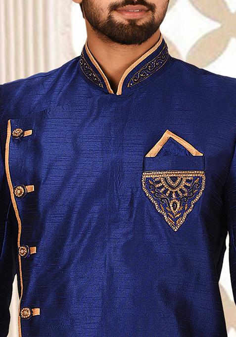 Royal Blue Embroidered Dupion Art Silk Indo Western Sherwani Set For Men