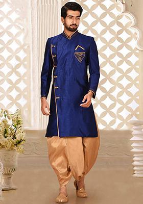 Royal Blue Embroidered Dupion Art Silk Indo Western Sherwani Set For Men