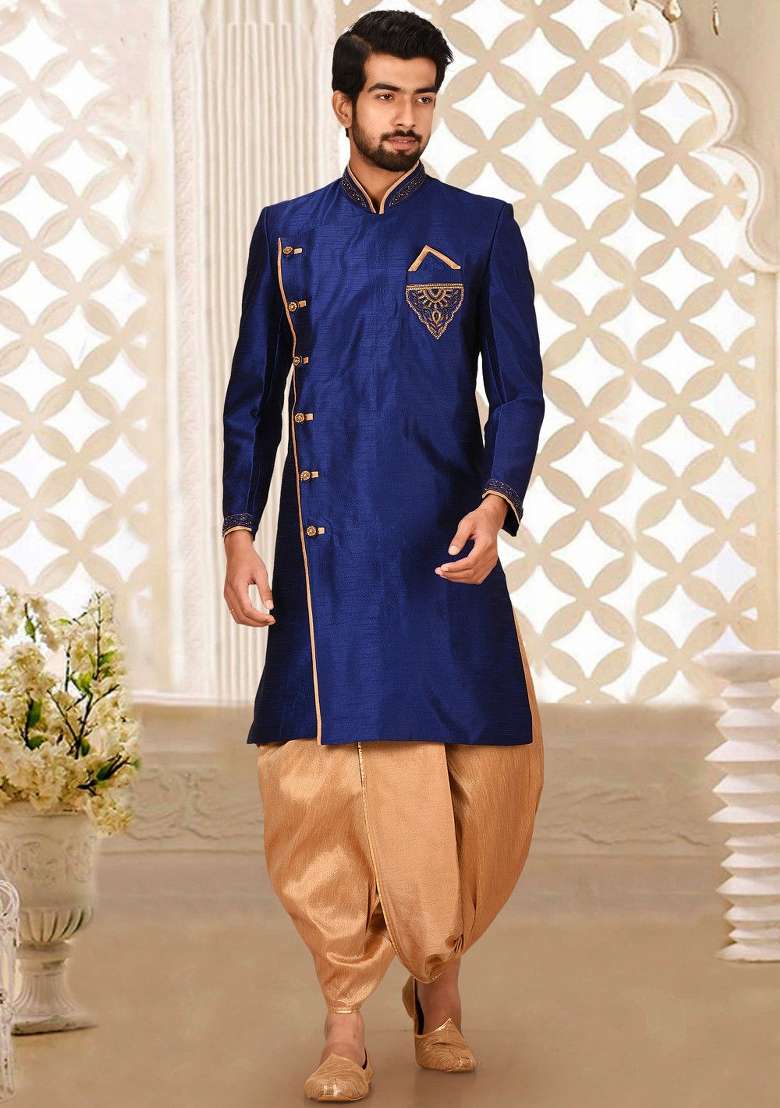 Royal Blue Embroidered Dupion Art Silk Indo Western Sherwani Set For Men - Indya