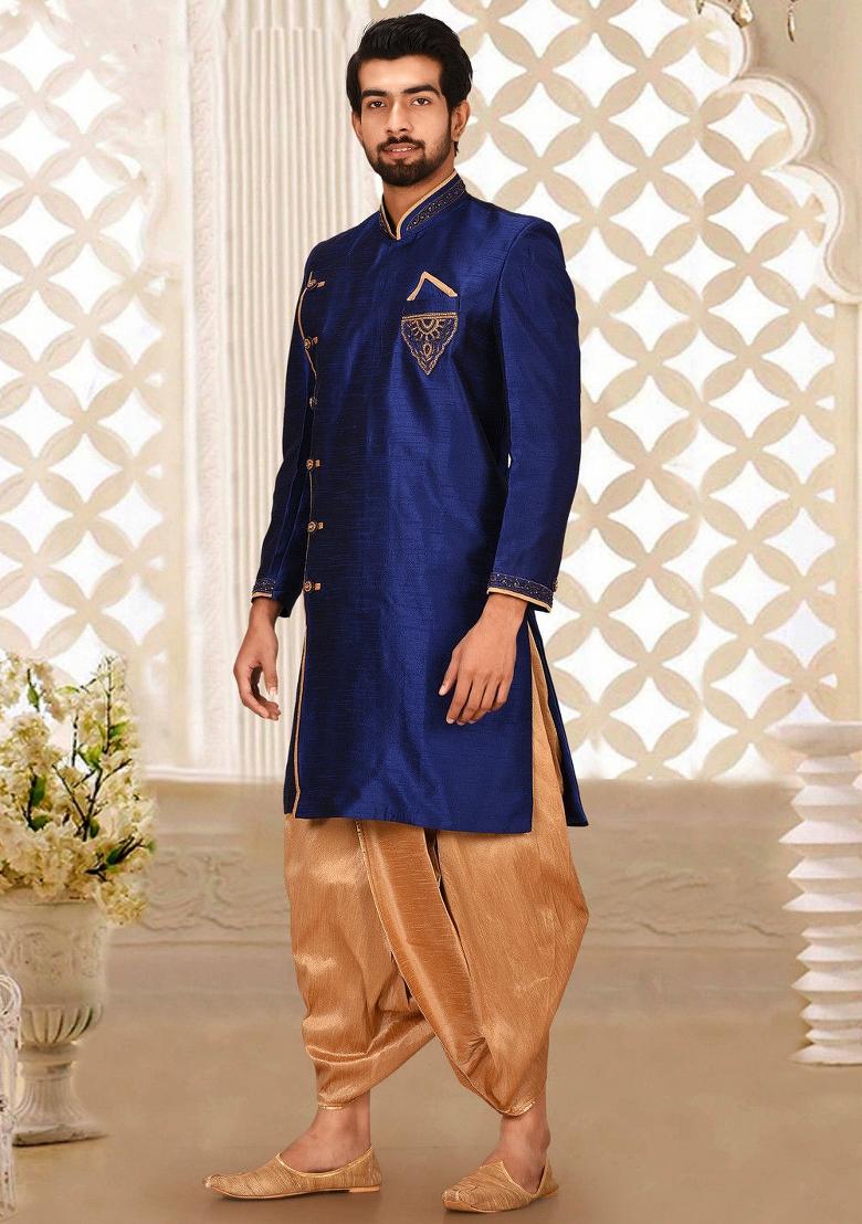 Royal Blue Embroidered Dupion Art Silk Indo Western Sherwani Set For Men