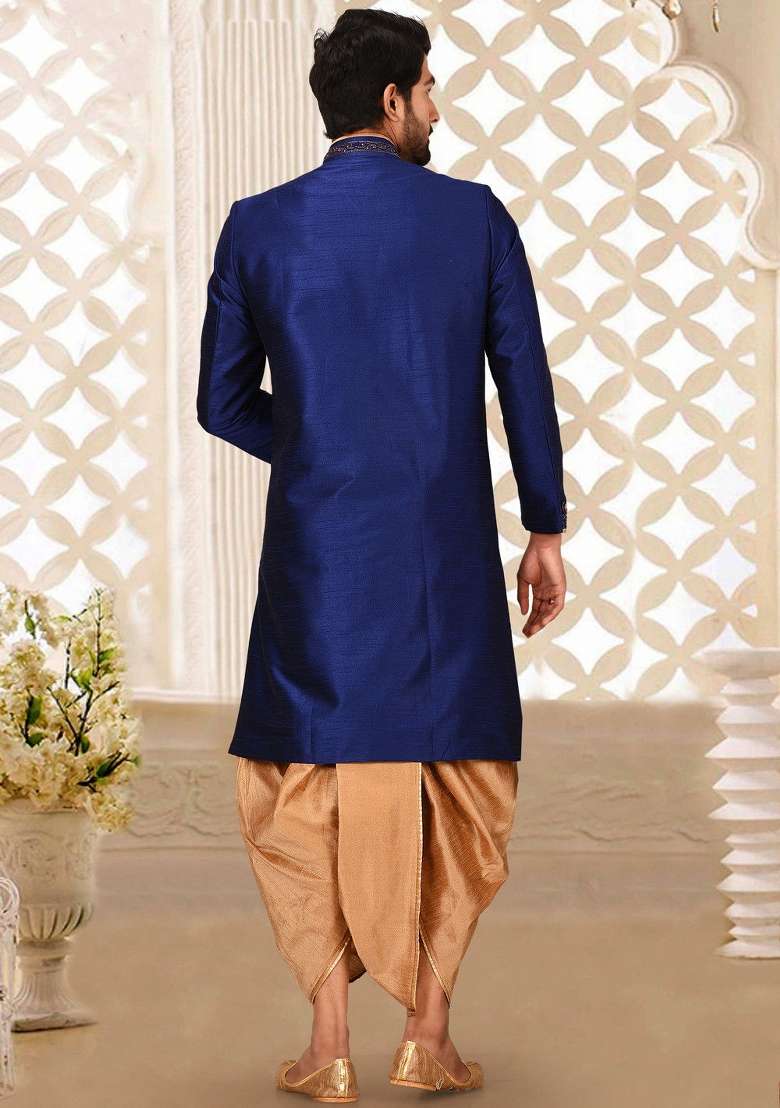Royal Blue Embroidered Dupion Art Silk Indo Western Sherwani Set For Men - Indya