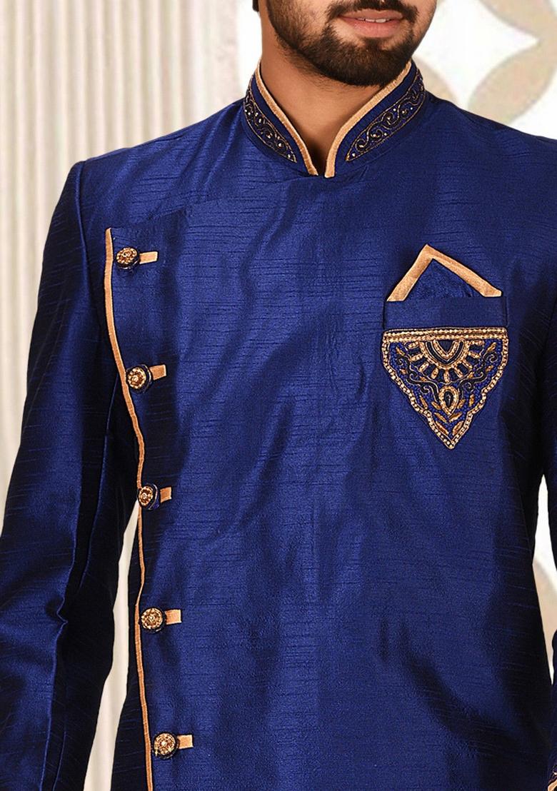 Royal Blue Embroidered Dupion Art Silk Indo Western Sherwani Set For Men