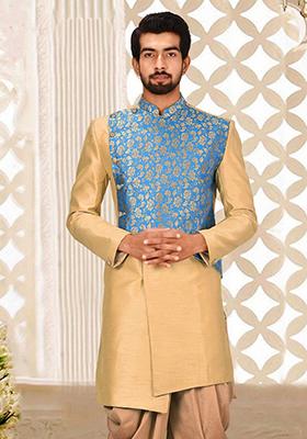 Light Beige Embroidered Dupion Art Silk Indo Western Sherwani For Men
