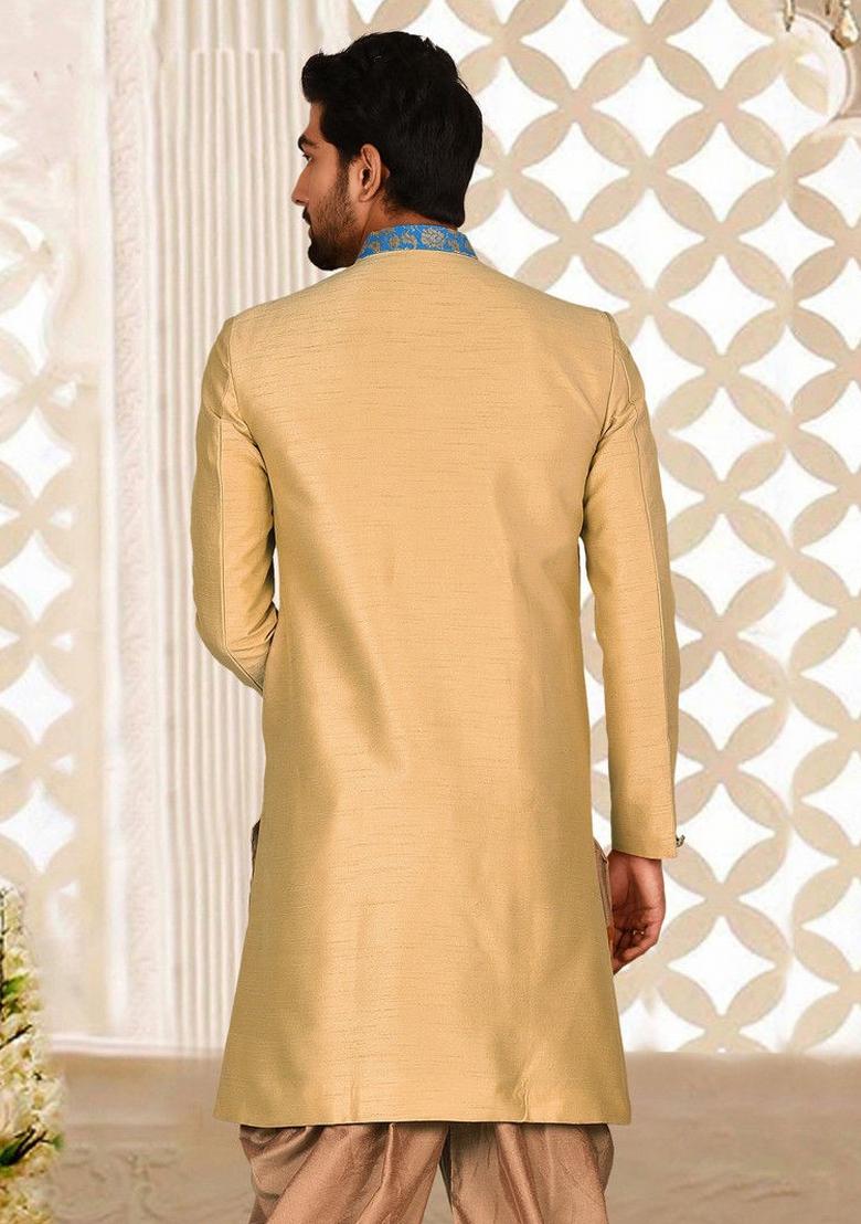 Light Beige Embroidered Dupion Art Silk Indo Western Sherwani For Men