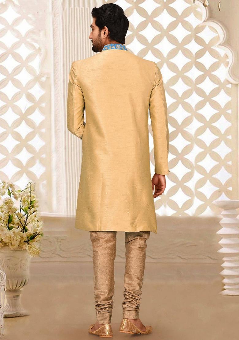 Light Beige Embroidered Dupion Art Silk Indo Western Sherwani Set For Men