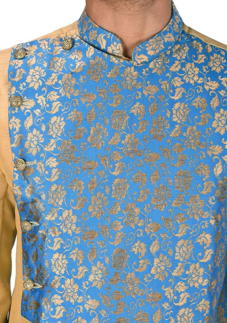 Light Beige Embroidered Dupion Art Silk Indo Western Sherwani Set For Men - Indya