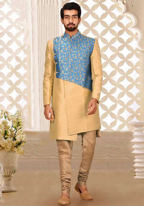 Light Beige Embroidered Dupion Art Silk Indo Western Sherwani Set For Men