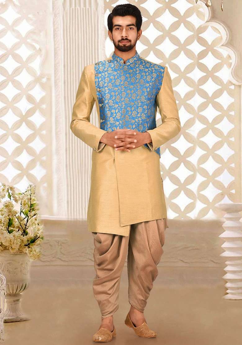 Light Beige Embroidered Dupion Art Silk Indo Western Sherwani Set For Men - Indya