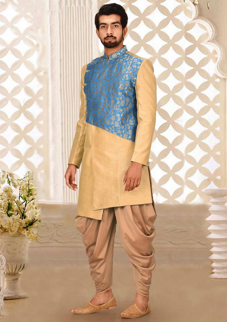 Light Beige Embroidered Dupion Art Silk Indo Western Sherwani Set For Men