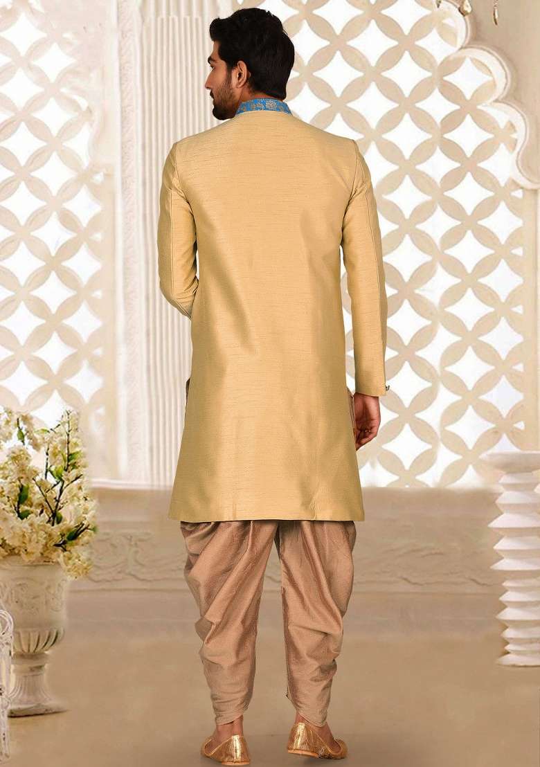 Light Beige Embroidered Dupion Art Silk Indo Western Sherwani Set For Men - Indya