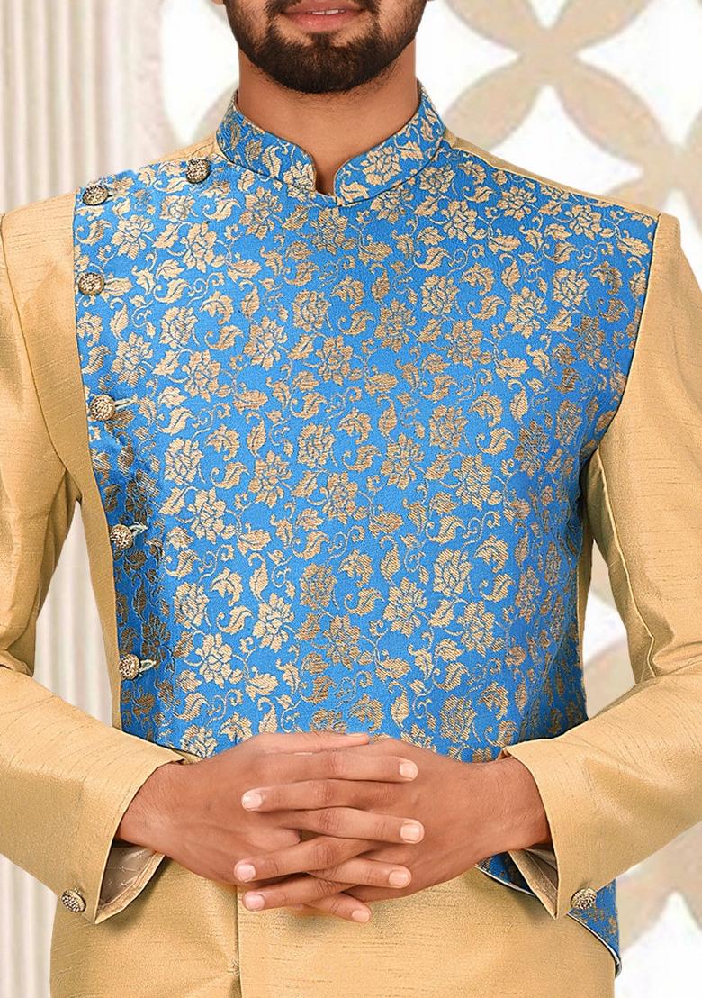 Light Beige Embroidered Dupion Art Silk Indo Western Sherwani Set For Men