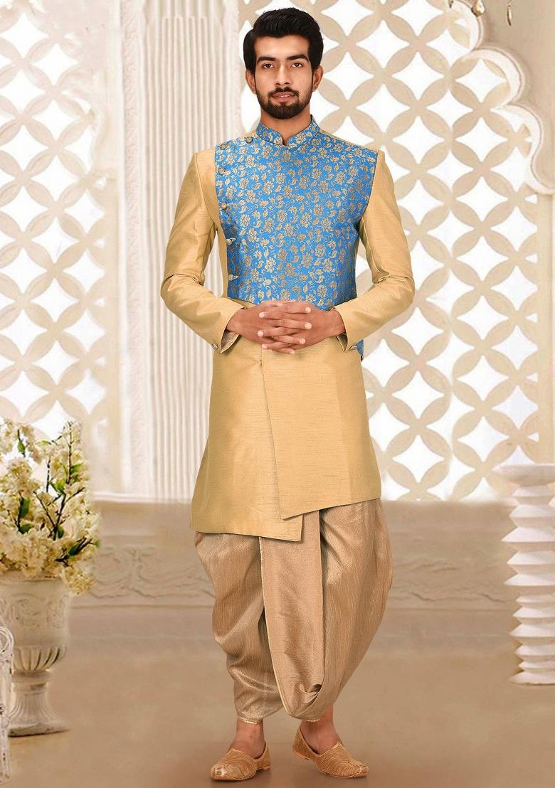 Light Beige Embroidered Dupion Art Silk Indo Western Sherwani Set For Men