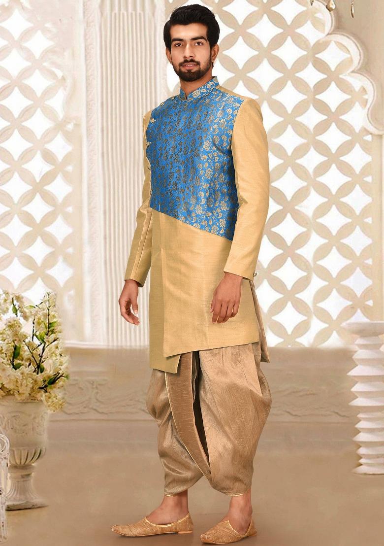 Light Beige Embroidered Dupion Art Silk Indo Western Sherwani Set For Men