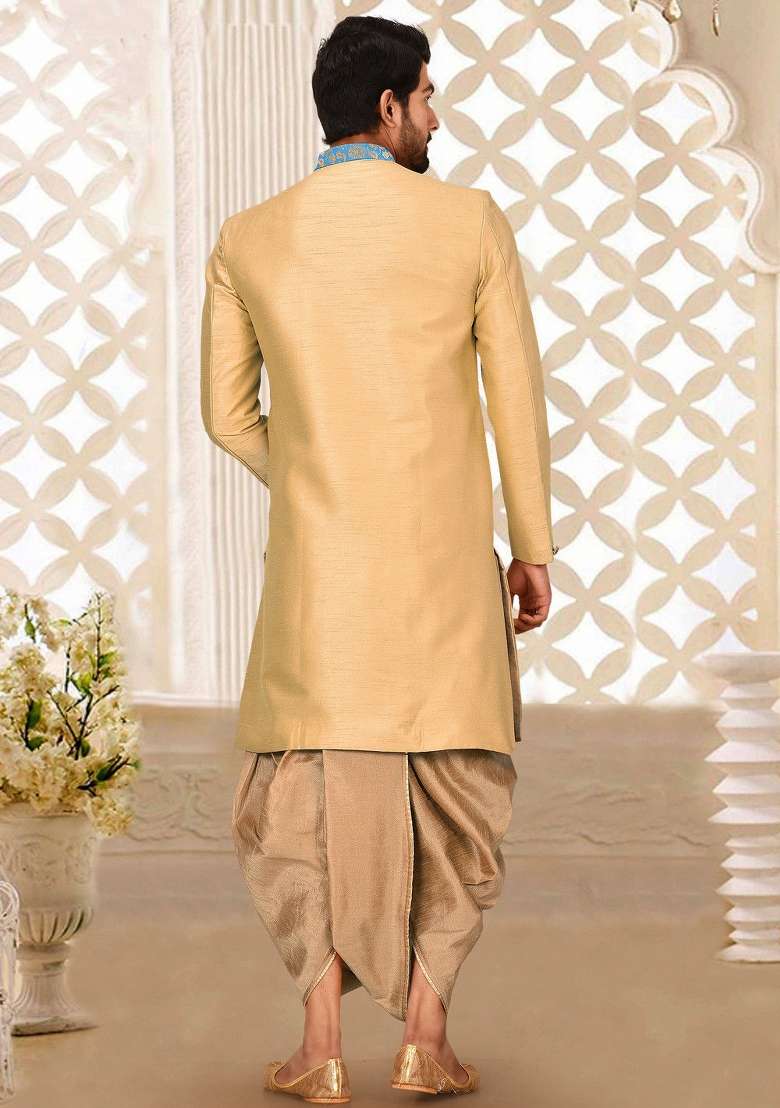 Light Beige Embroidered Dupion Art Silk Indo Western Sherwani Set For Men - Indya