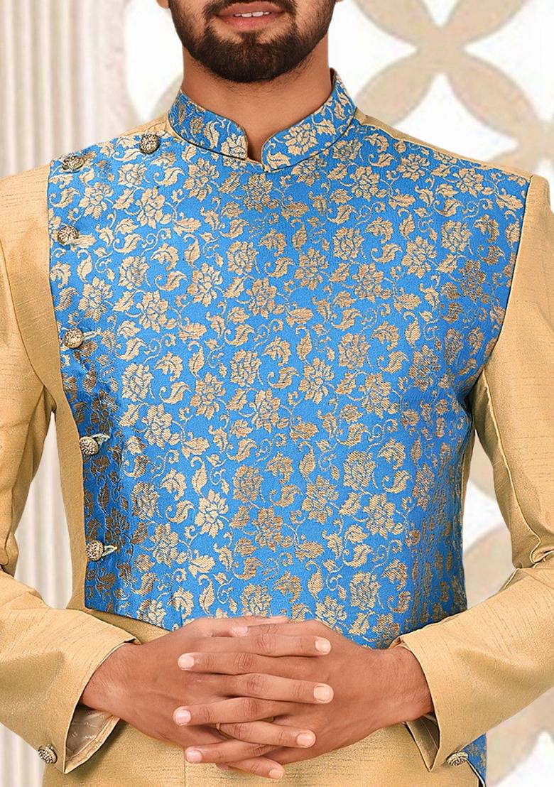 Light Beige Embroidered Dupion Art Silk Indo Western Sherwani Set For Men