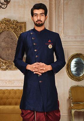 Navy Blue Embroidered Dupion Art Silk Indo Western Sherwani For Men