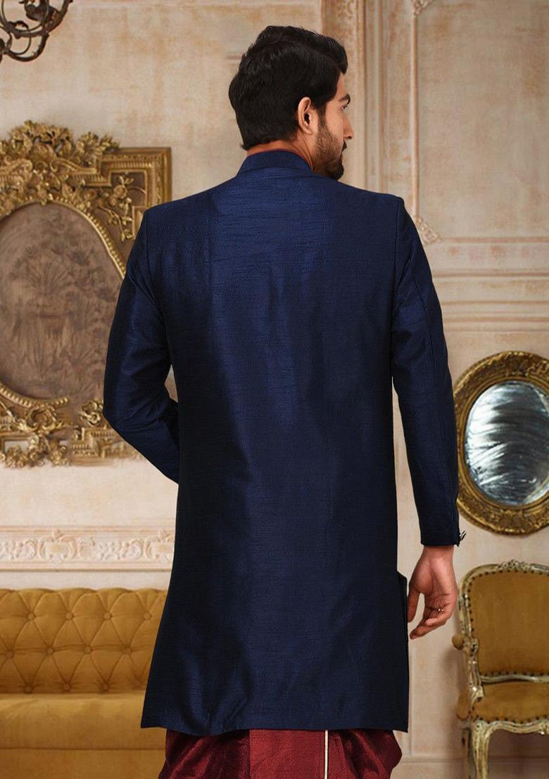 Navy Blue Embroidered Dupion Art Silk Indo Western Sherwani For Men