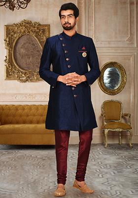 Navy Blue Embroidered Dupion Art Silk Indo Western Sherwani Set For Men