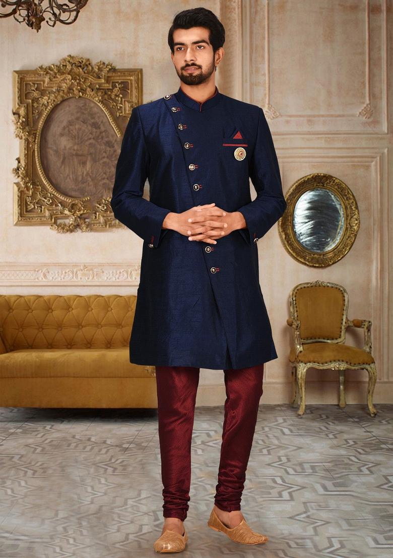 Navy Blue Embroidered Dupion Art Silk Indo Western Sherwani Set For Men
