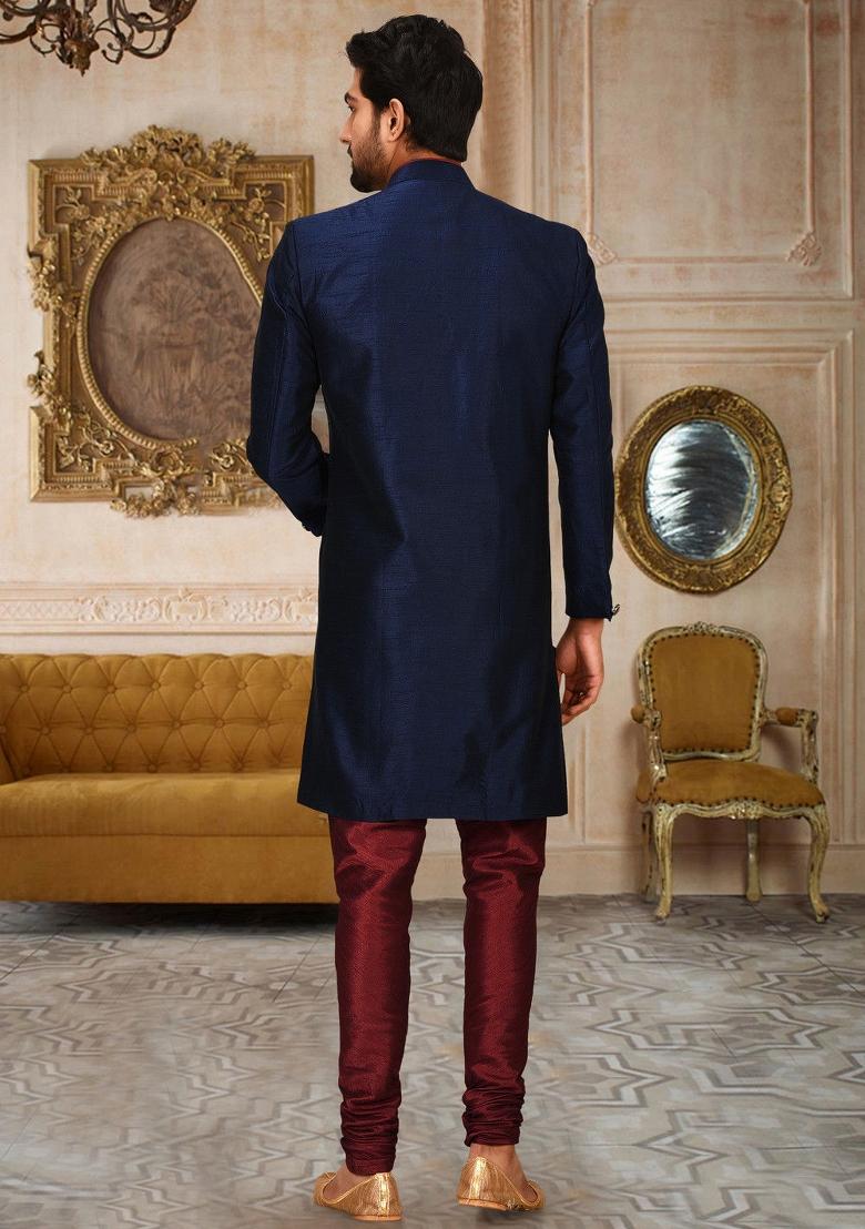 Navy Blue Embroidered Dupion Art Silk Indo Western Sherwani Set For Men