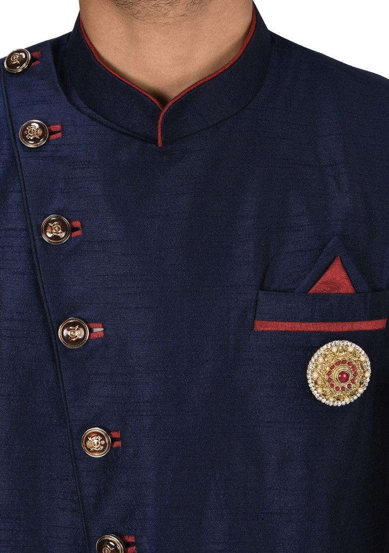 Navy Blue Embroidered Dupion Art Silk Indo Western Sherwani Set For Men