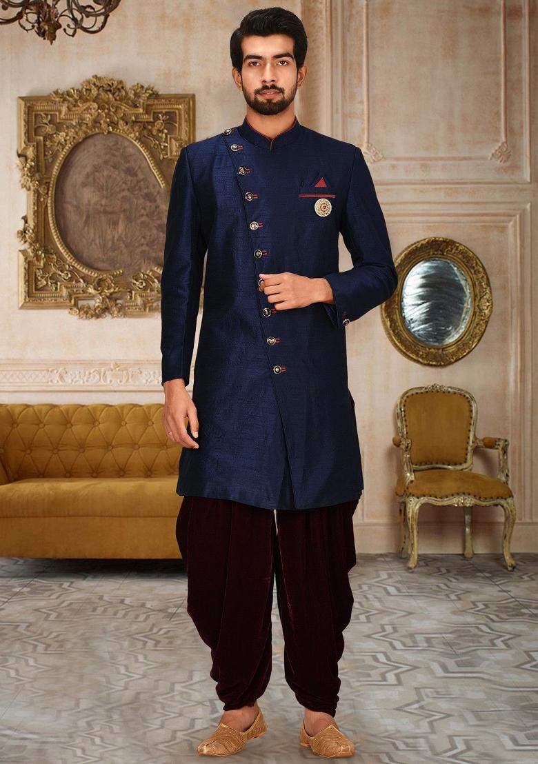 Navy Blue Embroidered Dupion Art Silk Indo Western Sherwani Set For Men