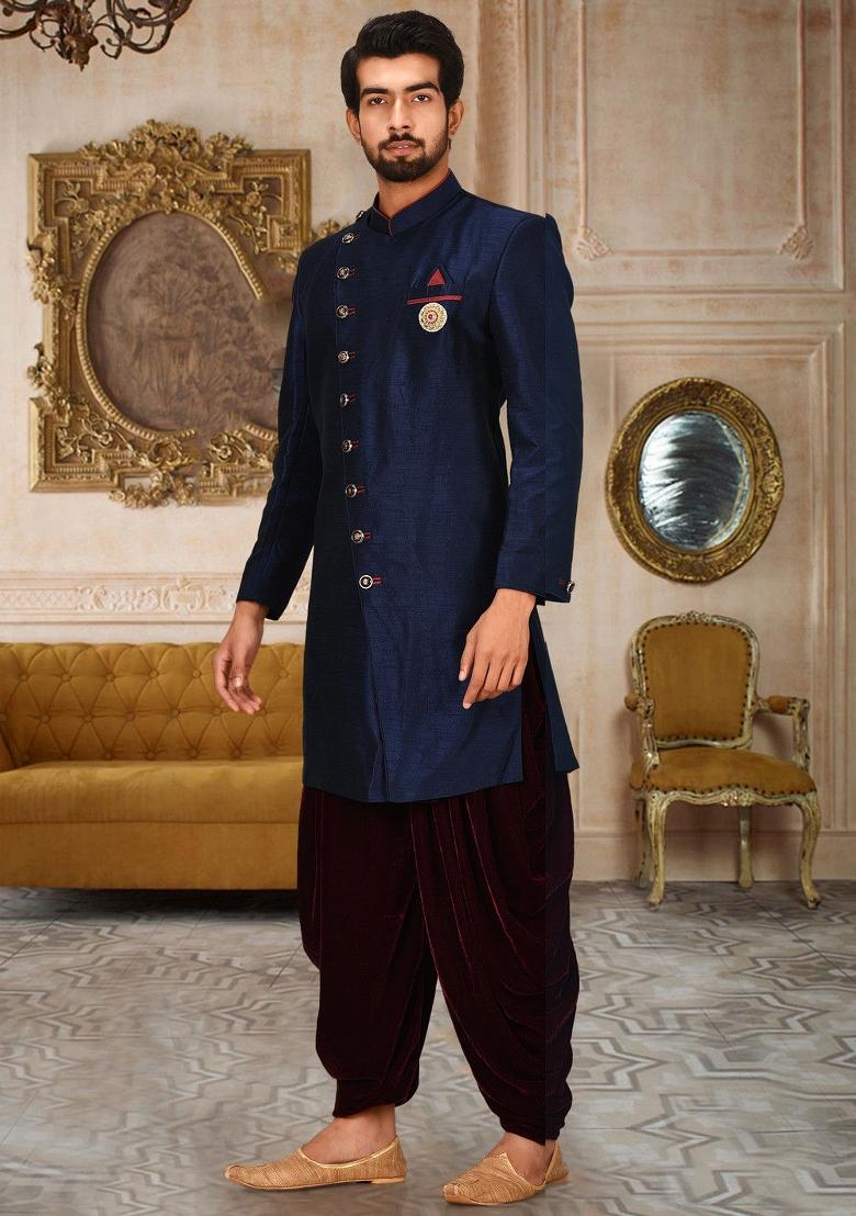 Navy Blue Embroidered Dupion Art Silk Indo Western Sherwani Set For Men