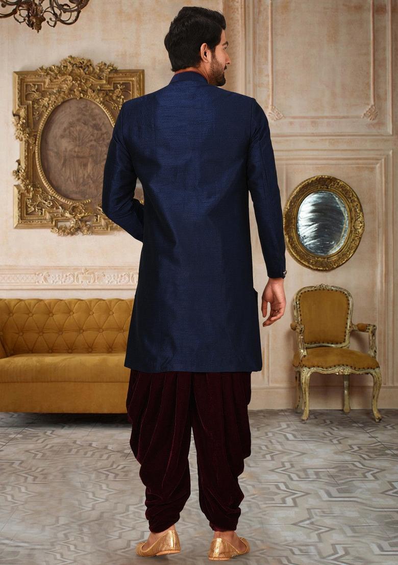 Navy Blue Embroidered Dupion Art Silk Indo Western Sherwani Set For Men