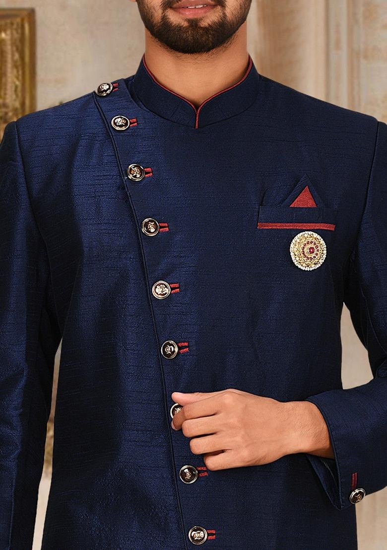 Navy Blue Embroidered Dupion Art Silk Indo Western Sherwani Set For Men