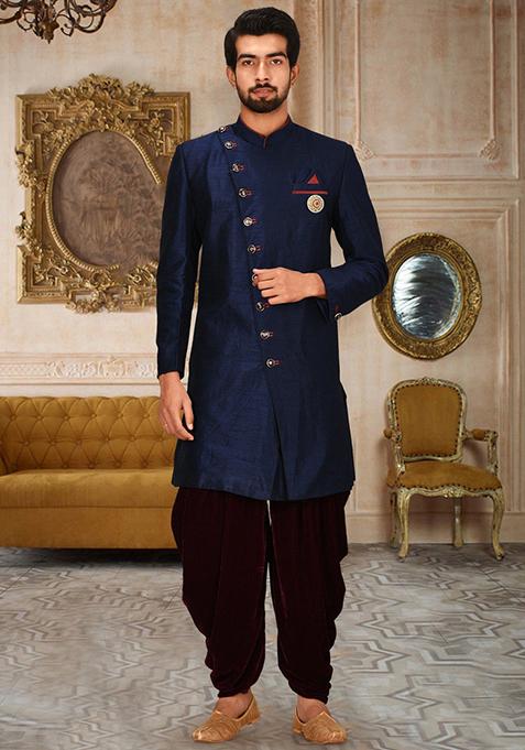 Navy Blue Embroidered Dupion Art Silk Indo Western Sherwani Set For Men