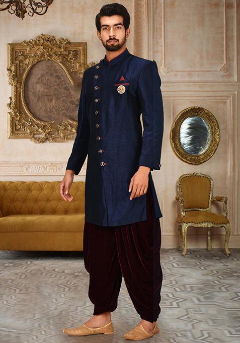 Navy Blue Embroidered Dupion Art Silk Indo Western Sherwani Set For Men