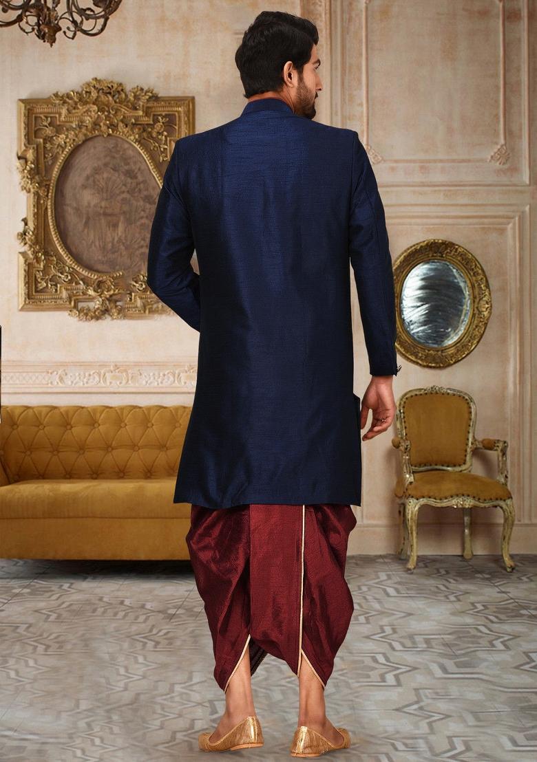 Navy Blue Embroidered Dupion Art Silk Indo Western Sherwani Set For Men
