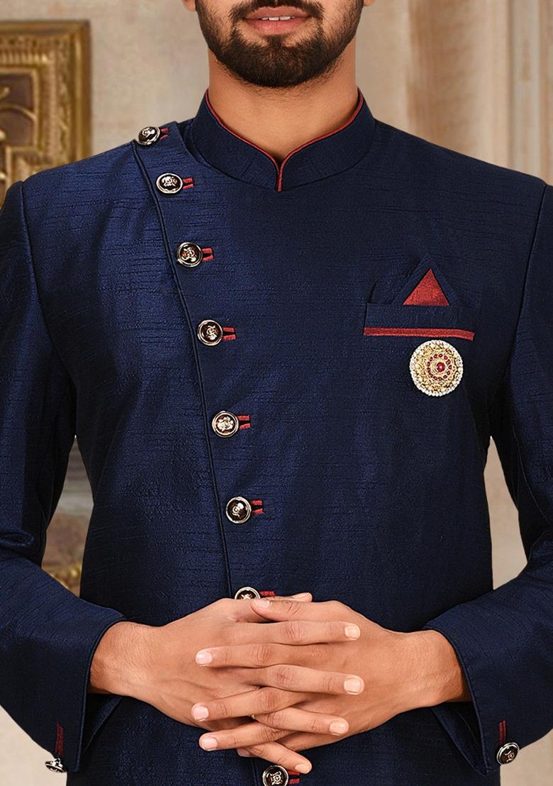 Navy Blue Embroidered Dupion Art Silk Indo Western Sherwani Set For Men