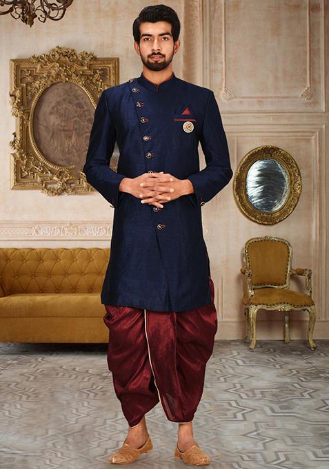 Navy Blue Embroidered Dupion Art Silk Indo Western Sherwani Set For Men