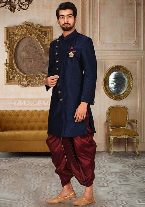 Navy Blue Embroidered Dupion Art Silk Indo Western Sherwani Set For Men