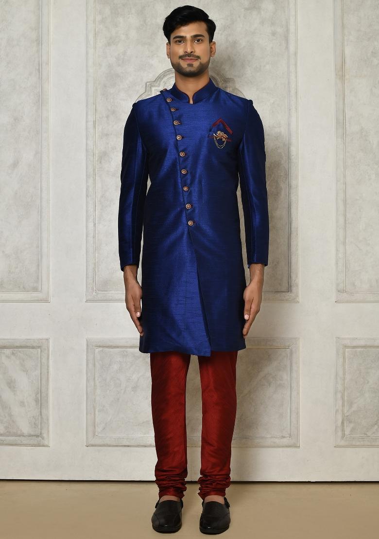 Royal Blue Embroidered Dupion Art Silk Indo Western Sherwani For Men